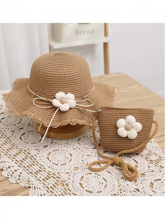 Kid Woven Sun Hat and Mini Bag W/ Flowers Set